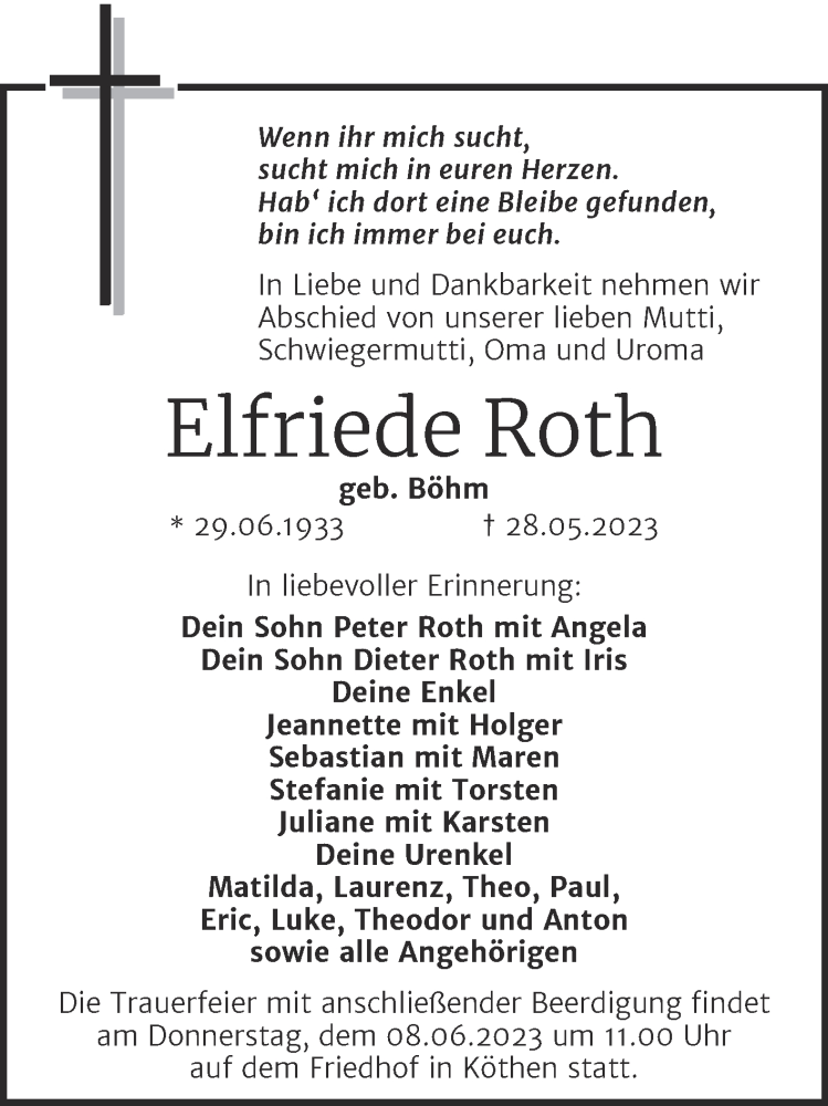  Traueranzeige für Elfriede Roth vom 01.06.2023 aus Trauerkombi Köthen