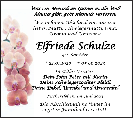 Traueranzeige von Elfriede Schulze von Trauerkombi Aschersleben