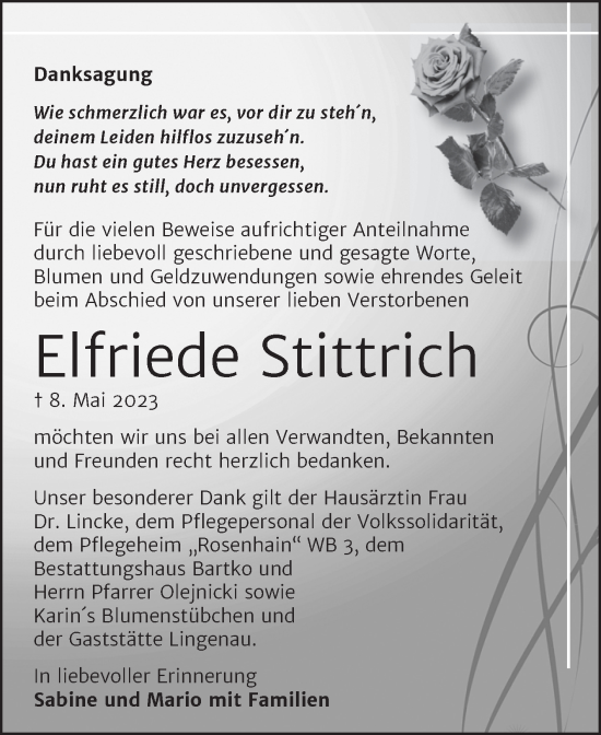 Traueranzeige von Elfriede Stittrich von Trauerkombi Köthen