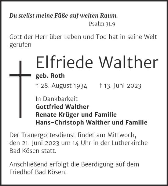 Traueranzeige von Elfriede Walther von Naumburger Tageblatt