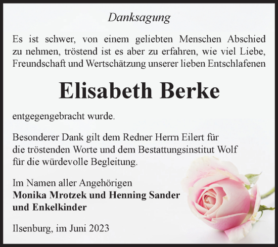 Traueranzeige von Elisabeth Berke von Volksstimme Wernigerode