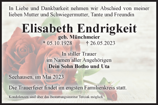 Traueranzeige von Elisabeth Endrigkeit von Volksstimme Oschersleben/Wanzleben