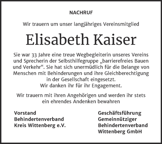 Traueranzeige von Elisabeth Kaiser von Super Sonntag Wittenberg