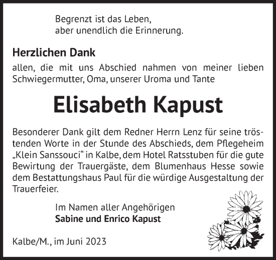 Traueranzeige von Elisabeth Kapust von Volksstimme Altmark West