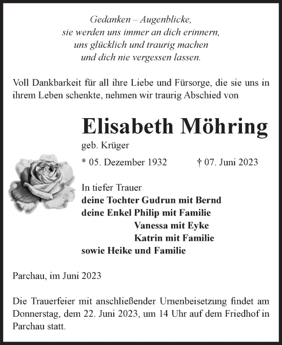 Traueranzeige von Elisabeth Möhring von Volksstimme Burg/Genthin