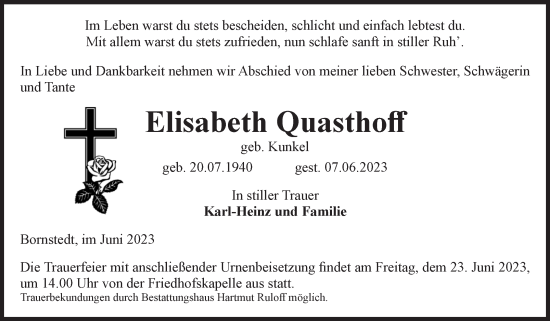 Traueranzeige von Elisabeth Quasthoff von Volksstimme Haldensleben/Wolmirstedt