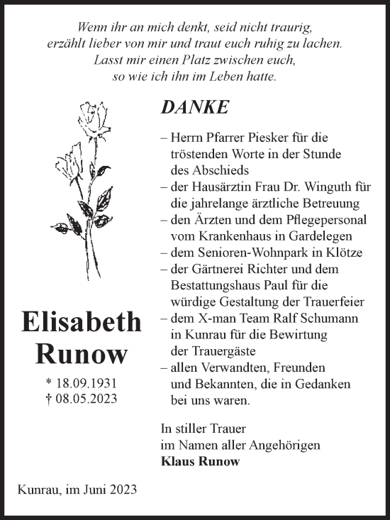 Traueranzeige von Elisabeth Runow von Volksstimme Altmark West