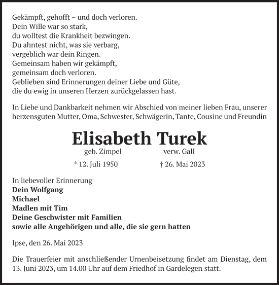 Traueranzeige von Elisabeth Turek von Volksstimme Altmark West