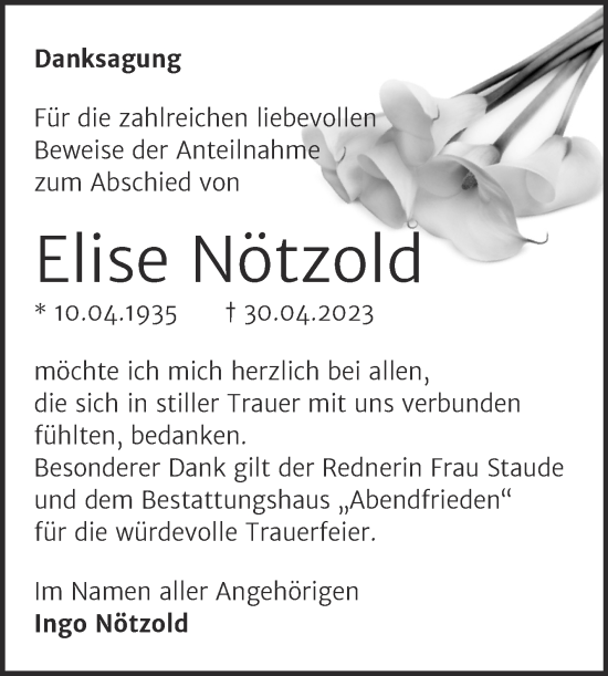 Traueranzeige von Elise Nötzold von Trauerkombi Merseburg