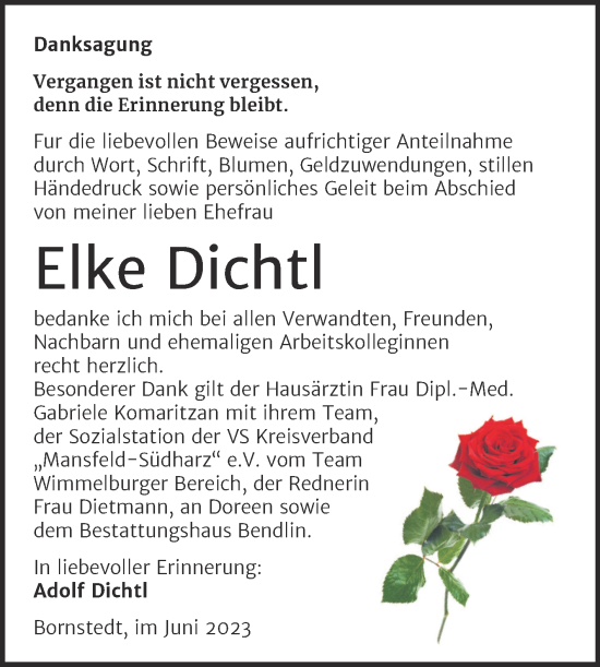 Traueranzeige von Elke Dichtl von Trauerkombi Mansfelder Land