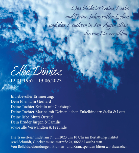 Traueranzeige von Elke Dönitz von Wochenspiegel Naumburg/Nebra