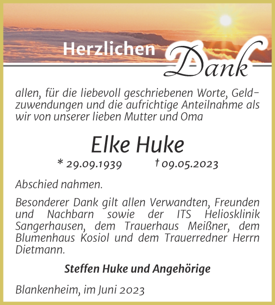 Traueranzeige von Elke Huke von Trauerkombi Sangerhausen