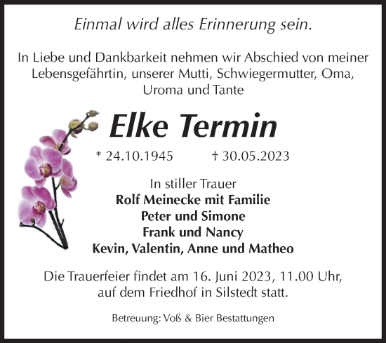 Traueranzeige von Elke Termin von Volksstimme Wernigerode