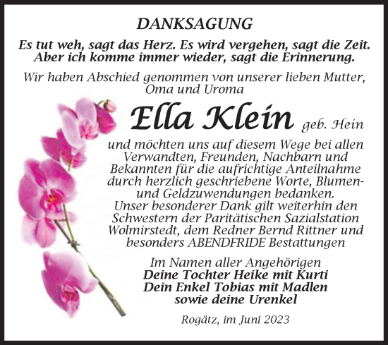 Traueranzeige von Ella Klein von Volksstimme Haldensleben/Wolmirstedt