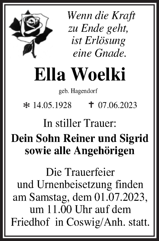 Traueranzeige von Ella Woelki von Trauerkombi Wittenberg