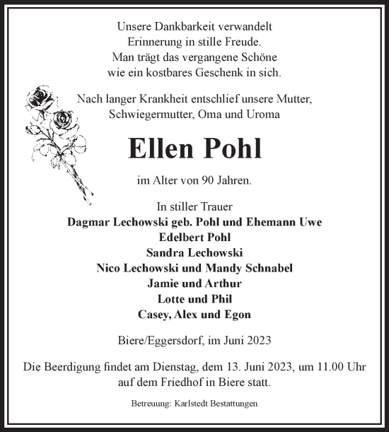 Traueranzeige von Ellen Pohl von Volksstimme Schönebeck