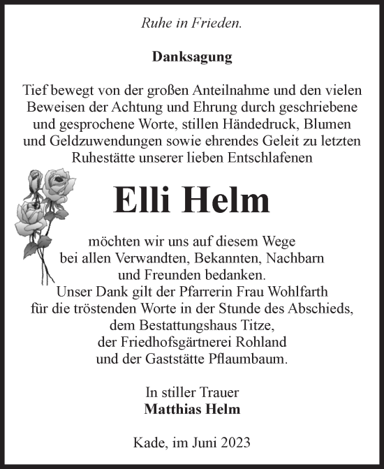 Traueranzeige von Elli Helm von Volksstimme Burg/Genthin