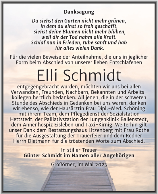Traueranzeige von Elli Schmidt von Trauerkombi Mansfelder Land