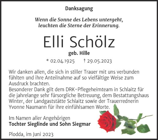 Traueranzeige von Elli Schölz von Trauerkombi Bitterfeld