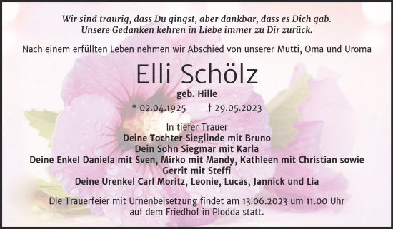 Traueranzeige von Elli Schölz von Trauerkombi Bitterfeld