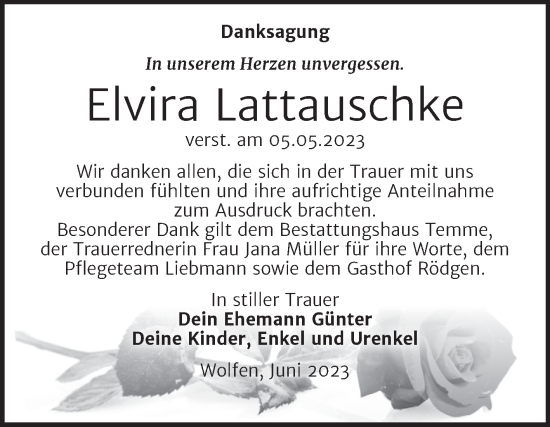 Traueranzeige von Elvira Lattauschke von Trauerkombi Bitterfeld