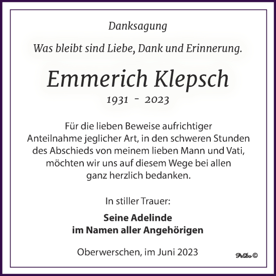 Traueranzeige von Emmerich Klepsch von Trauerkombi Weißenfels