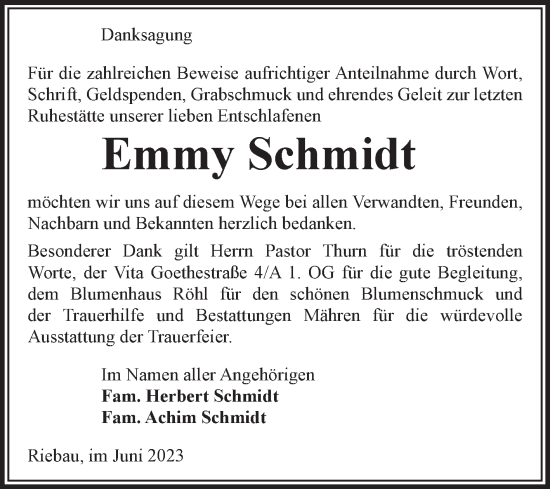 Traueranzeige von Emmy Schmidt von Volksstimme Altmark West