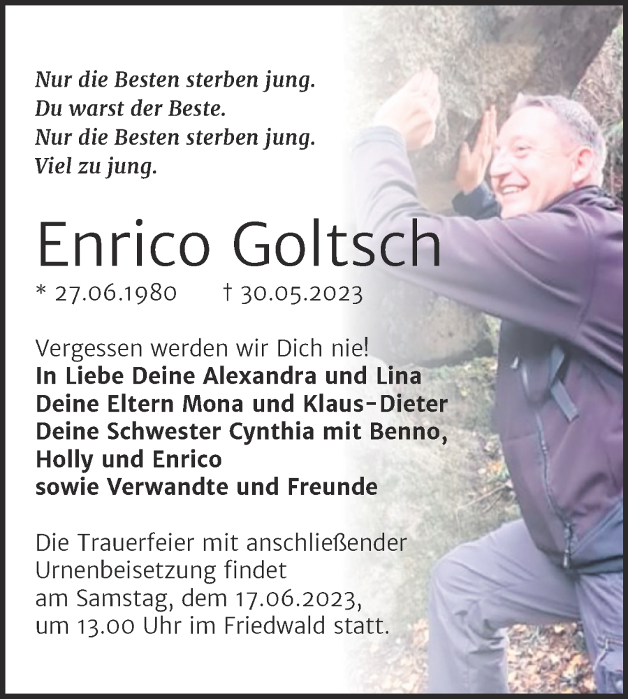  Traueranzeige für Enrico Goltsch vom 10.06.2023 aus Trauerkombi Sangerhausen