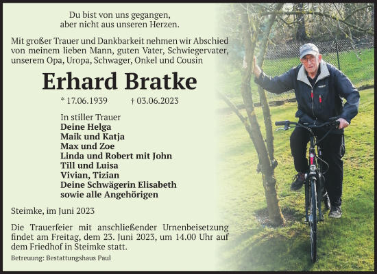 Traueranzeige von Erhard Bratke von Volksstimme Altmark West