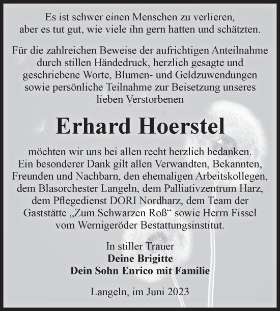 Traueranzeige von Erhard Hoerstel von Volksstimme Wernigerode
