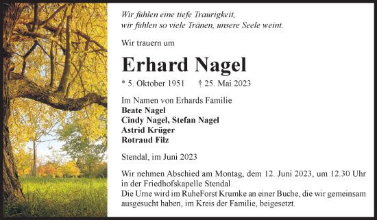 Traueranzeige von Erhard Nagel von Volksstimme Altmark Ost