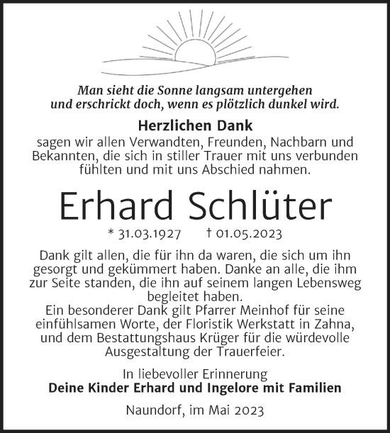 Traueranzeige von Erhard Schlüter von Trauerkombi Wittenberg
