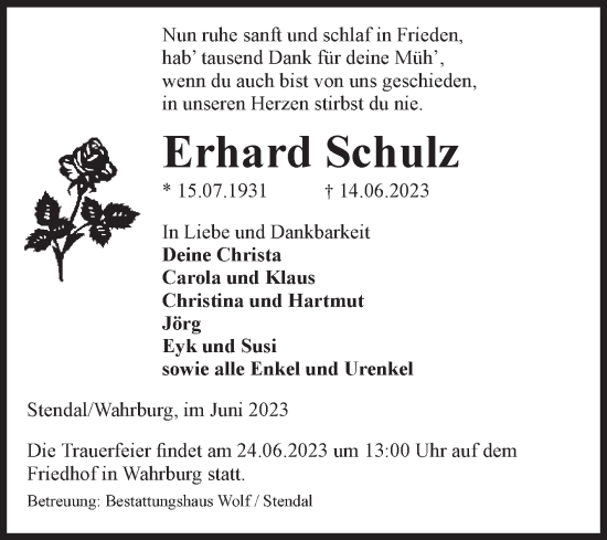 Traueranzeige von Erhard Schulz von Volksstimme Altmark Ost
