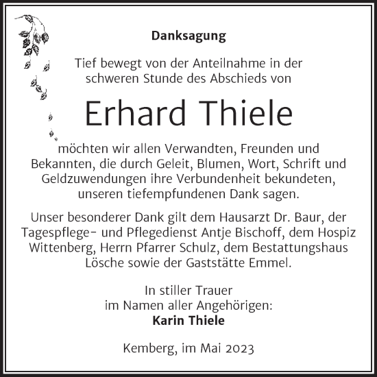 Traueranzeige von Erhard Thiele von Trauerkombi Wittenberg