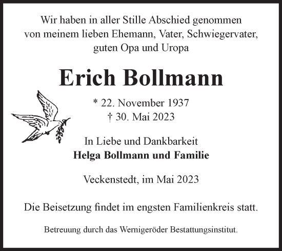 Traueranzeige von Erich Bollmann von Volksstimme Wernigerode