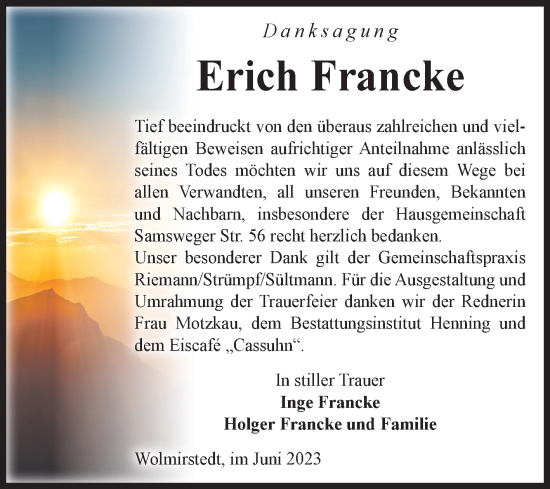 Traueranzeige von Erich Francke von Volksstimme Haldensleben/Wolmirstedt