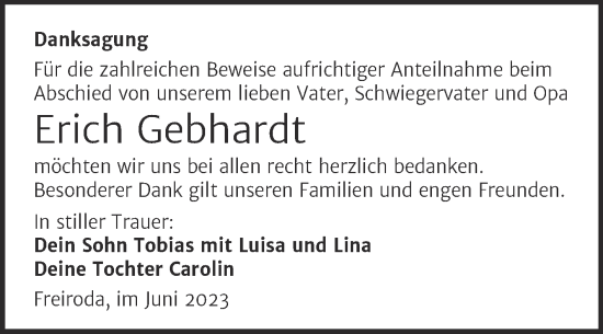 Traueranzeige von Erich Gebhardt von Wochenspiegel Naumburg/Nebra