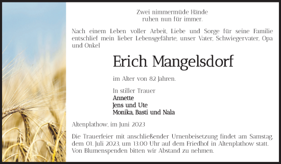 Traueranzeige von Erich Mangelsdorf von Volksstimme Burg/Genthin