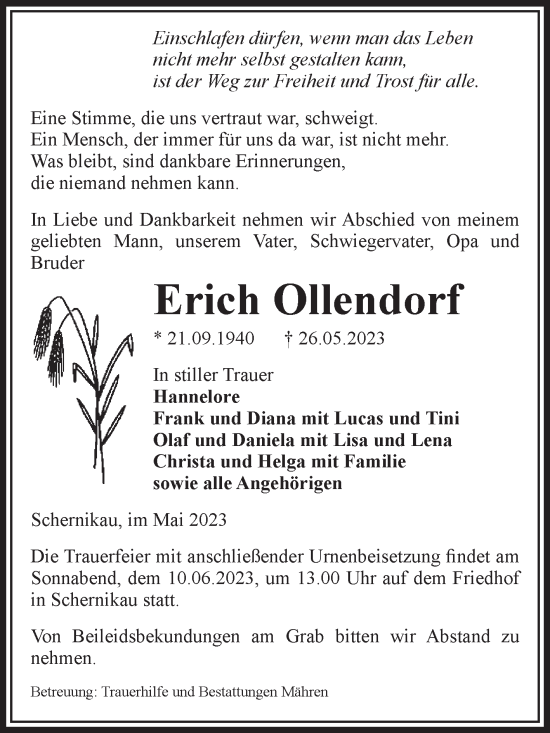 Traueranzeige von Erich Ollendorf von Volksstimme Altmark West
