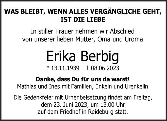 Traueranzeige von Erika Berbig von Mitteldeutsche Zeitung Halle/Saalkreis