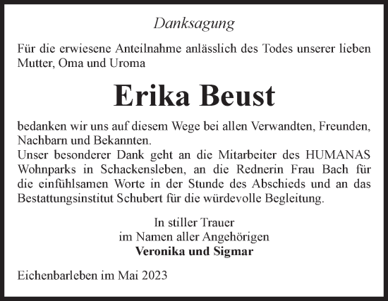 Traueranzeige von Erika Beust von Volksstimme Haldensleben/Wolmirstedt