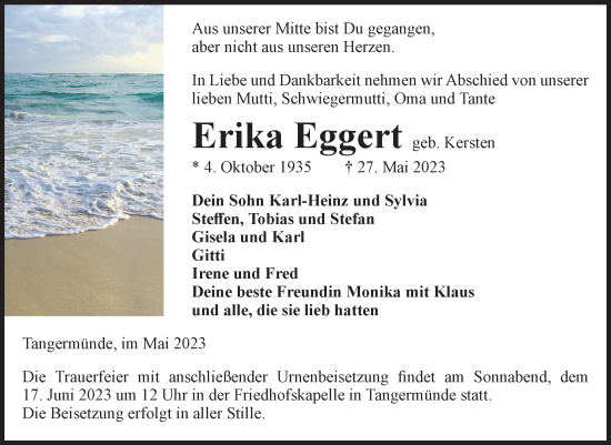 Traueranzeige von Erika Eggert von Volksstimme Altmark Ost