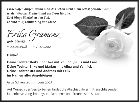Traueranzeige von Erika Gramenz von Trauerkombi Aschersleben