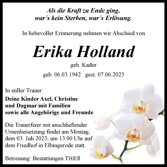 Traueranzeige von Erika Holland von Volksstimme Wernigerode