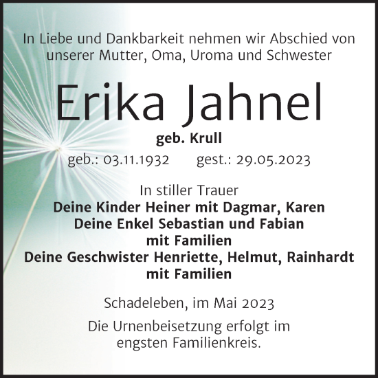 Traueranzeige von Erika Jahnel von Trauerkombi Aschersleben