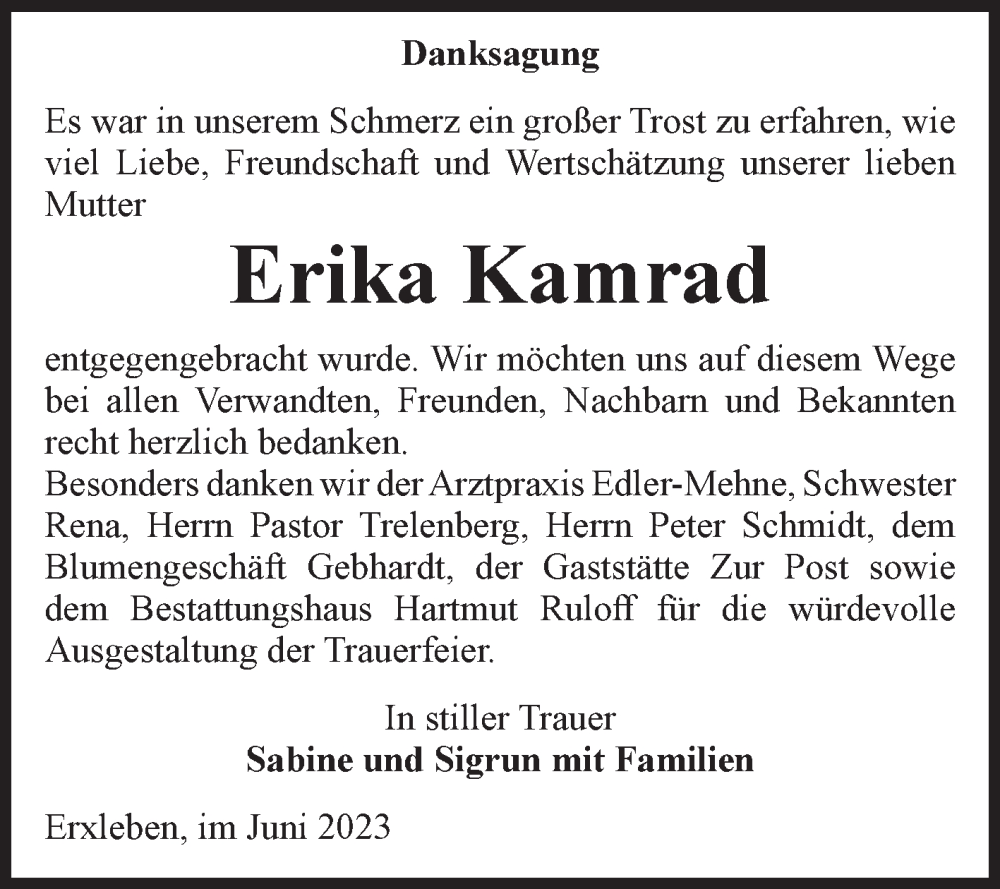  Traueranzeige für Erika Kamrad vom 10.06.2023 aus Volksstimme Haldensleben/Wolmirstedt