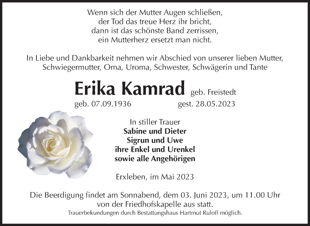  Traueranzeige für Erika Kamrad vom 01.06.2023 aus Volksstimme Haldensleben/Wolmirstedt
