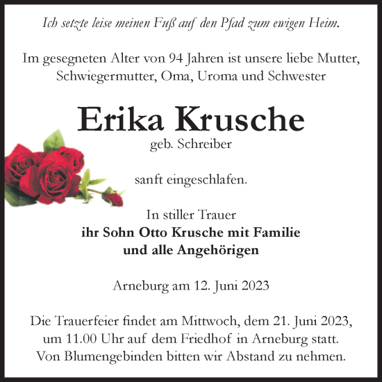 Traueranzeige von Erika Krusche von Volksstimme Altmark Ost