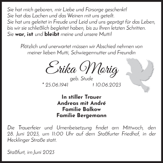 Traueranzeige von Erika Morig von Volksstimme Staßfurt