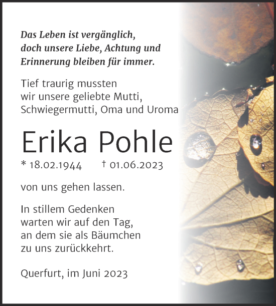 Traueranzeige von Erika Pohle von Trauerkombi Merseburg